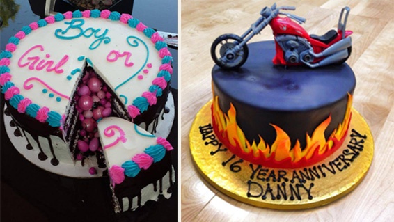 Gender reveal cake and motorcycle anniversary cake